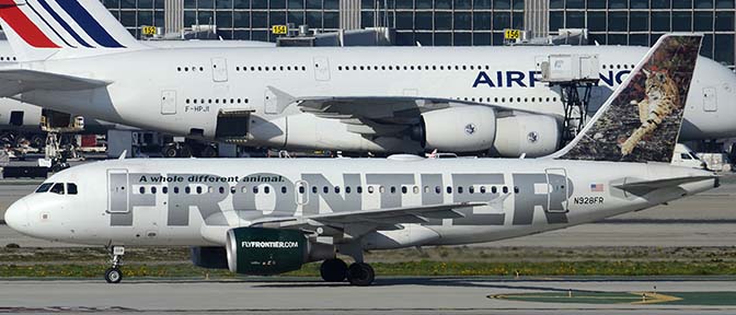 Frontier Airbus A319-111 N928FR Hank the Bobcat, Los Angeles international Airport, January 19, 2015